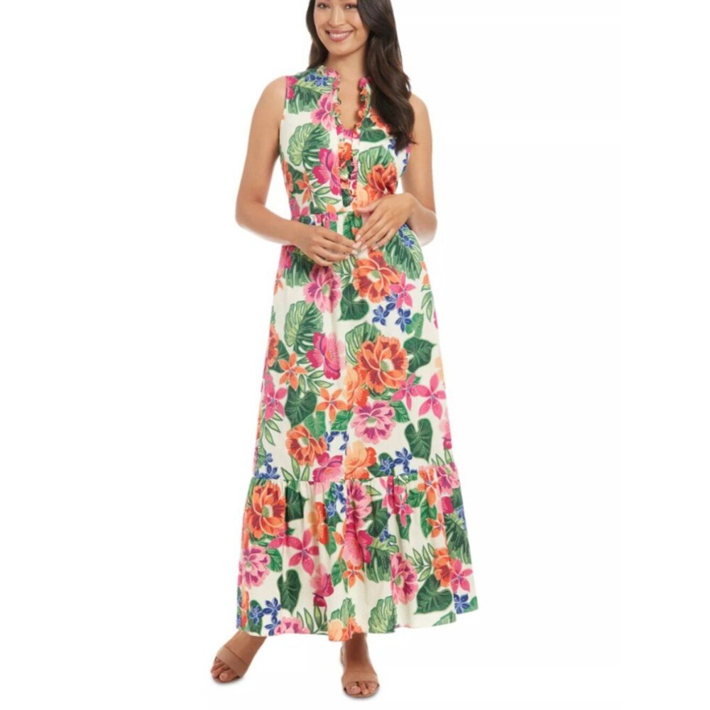 LONDON TIMES Sleeveless Mock Neck Floral Print Maxi Dress | Size 4 | Ruffle NEW